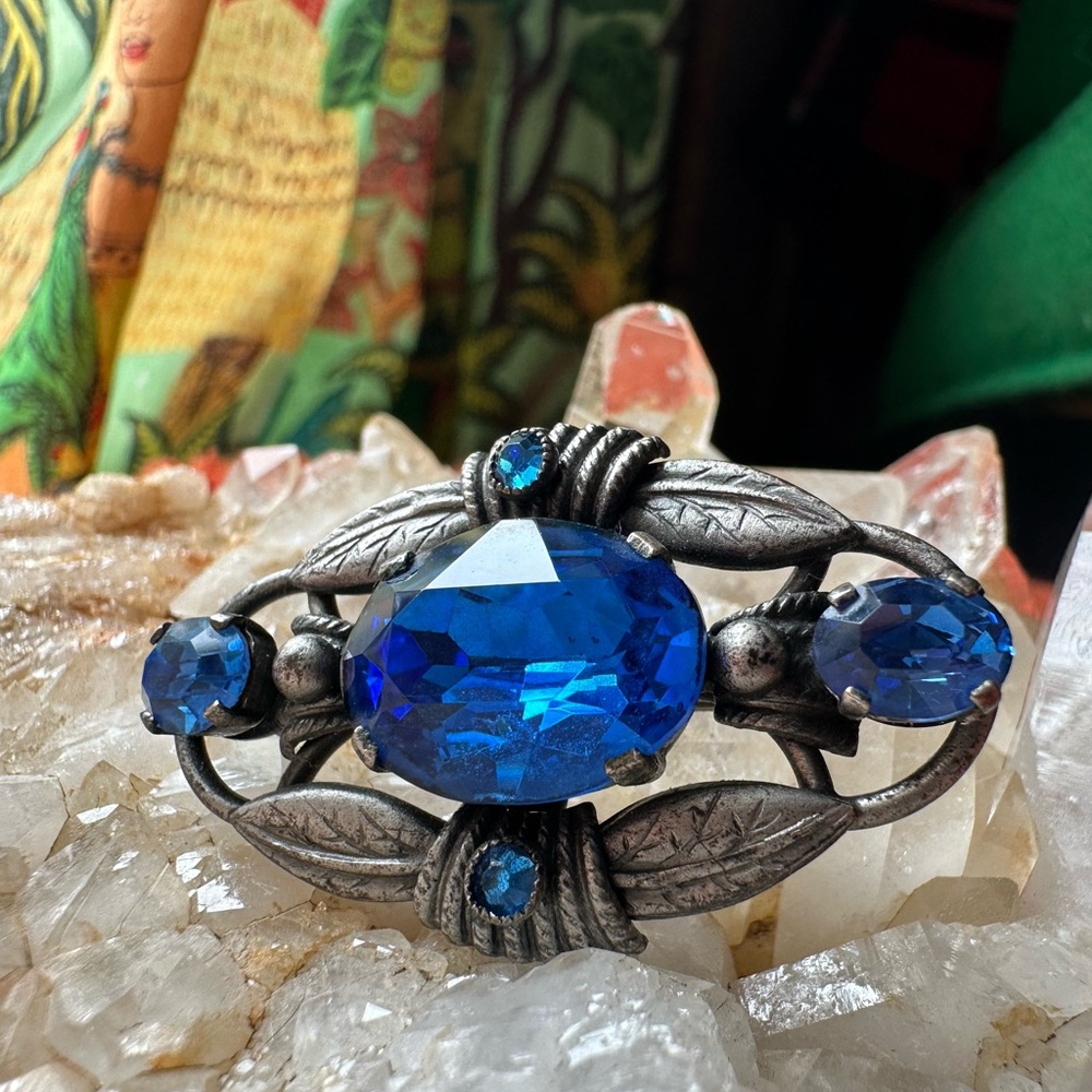 Antique Victorian era Czech blue glass brooch